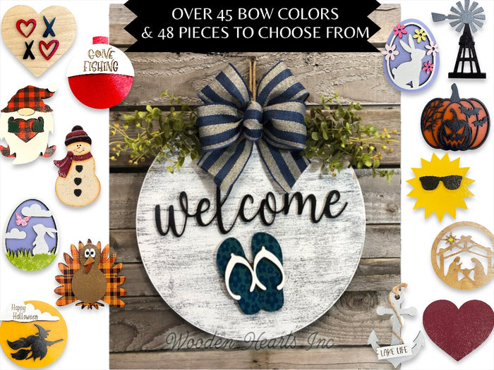 Christmas Welcome Season Changer + Interchangeable piece Door Hanger Wreath Custom 14" Round Sign