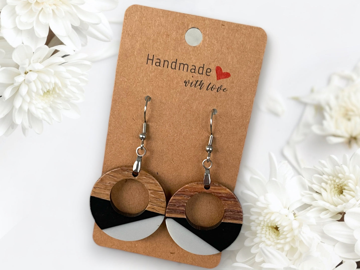 Copy of EARRINGS Natural Wood  [Grey& Black Resin, or White or Coral] Stainless steel Hypo-Allergenic Hooks [ Hanging Dangle Boho] Light weight Wood - Wooden Hearts Inc