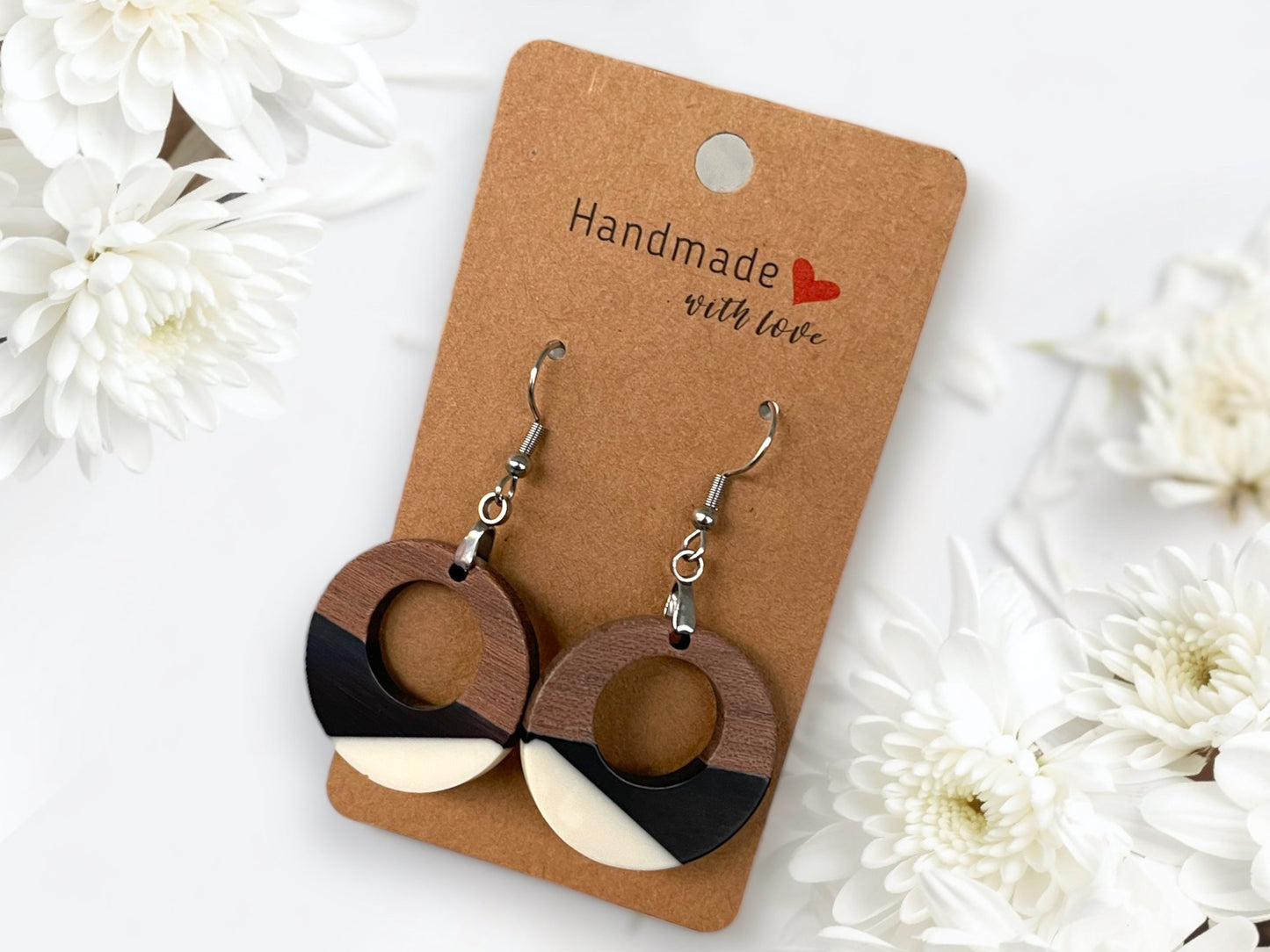 Copy of Copy of EARRINGS Natural Wood  [White & Black Resin, or Grey or Coral] Stainless steel Hypo-Allergenic Hooks [ Hanging Dangle Boho] Light weight Wood - Wooden Hearts Inc