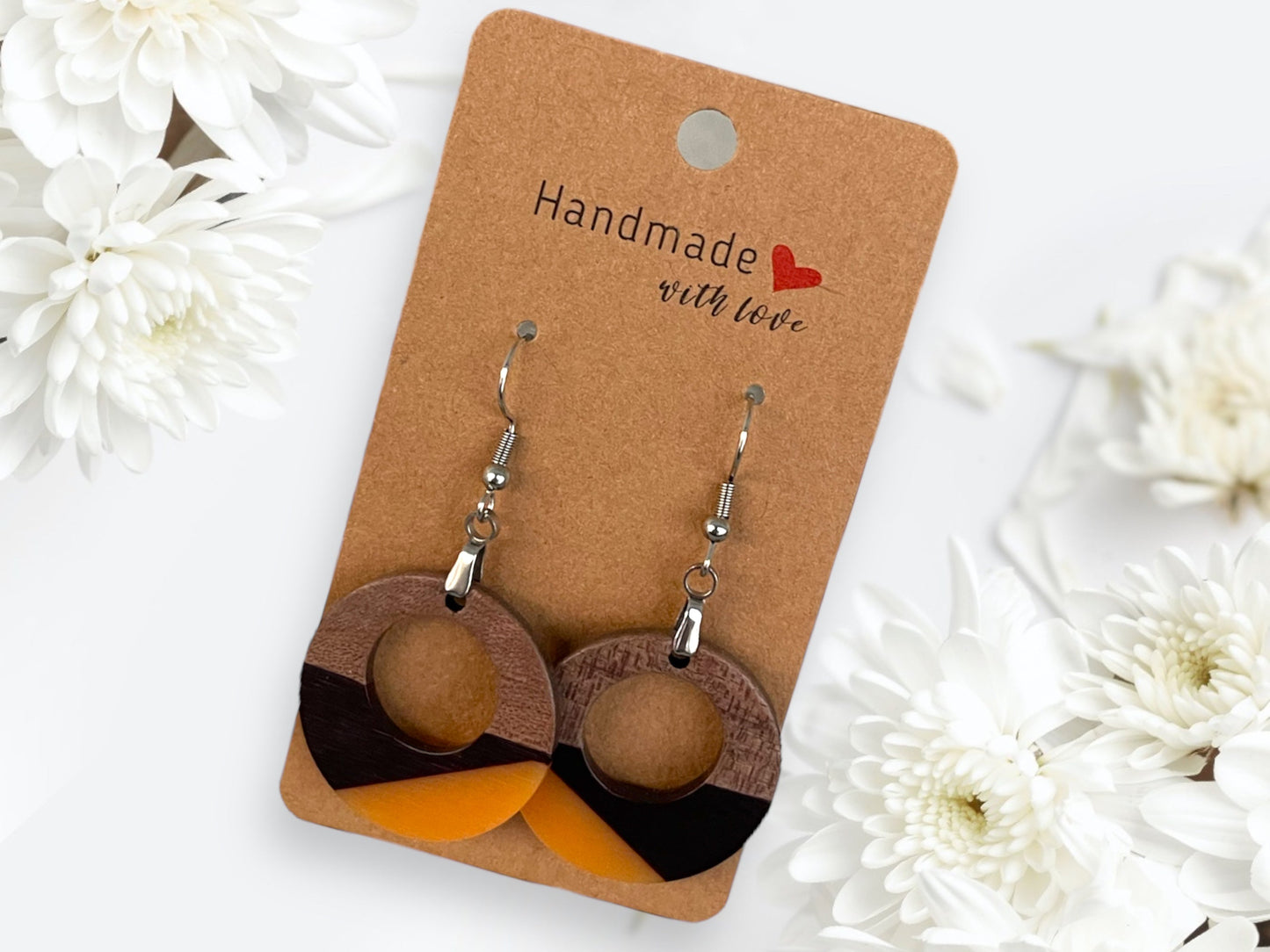 Copy of EARRINGS Natural Wood  [Grey& Black Resin, or White or Coral] Stainless steel Hypo-Allergenic Hooks [ Hanging Dangle Boho] Light weight Wood - Wooden Hearts Inc