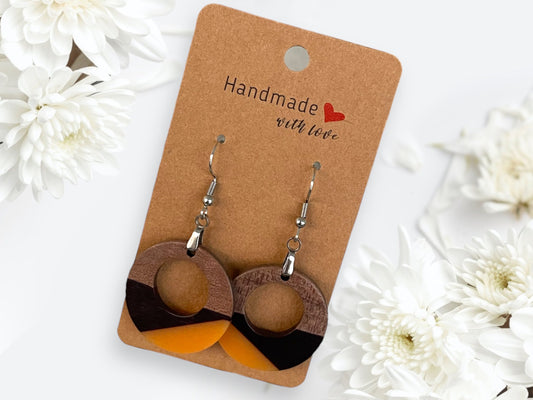 Copy of Copy of EARRINGS Natural Wood  [White & Black Resin, or Grey or Coral] Stainless steel Hypo-Allergenic Hooks [ Hanging Dangle Boho] Light weight Wood - Wooden Hearts Inc