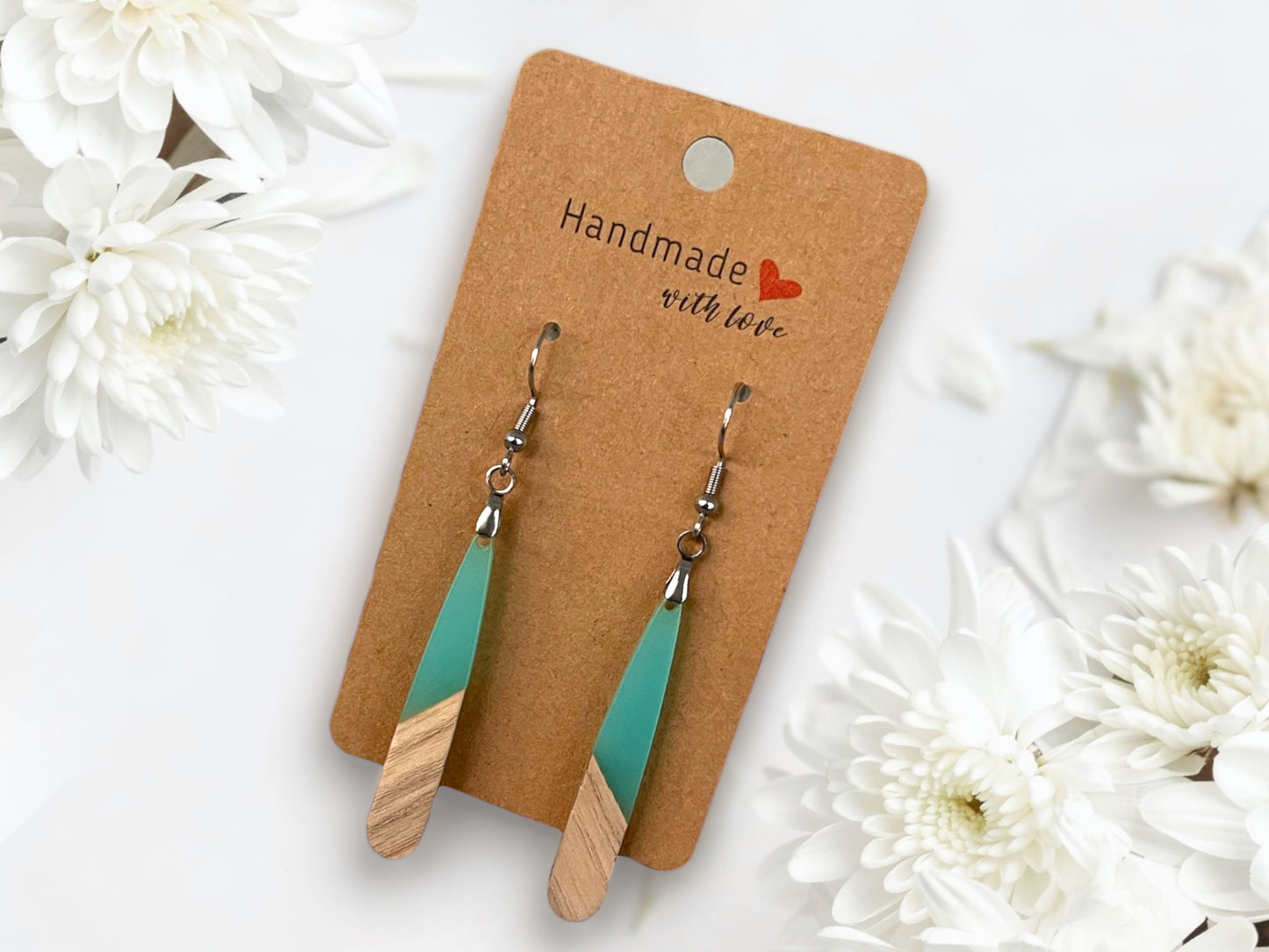 EARRINGS Natural Wood + Ocean Blue Resin [Long Narrow] Stainless steel Hypo-Allergenic Hooks [ Hanging Dangle Boho] Light weight Wood Gift - Wooden Hearts Inc