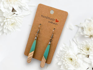 EARRINGS Natural Wood + Ocean Blue Resin [Long Narrow] Stainless steel Hypo-Allergenic Hooks [ Hanging Dangle Boho] Light weight Wood Gift - Wooden Hearts Inc