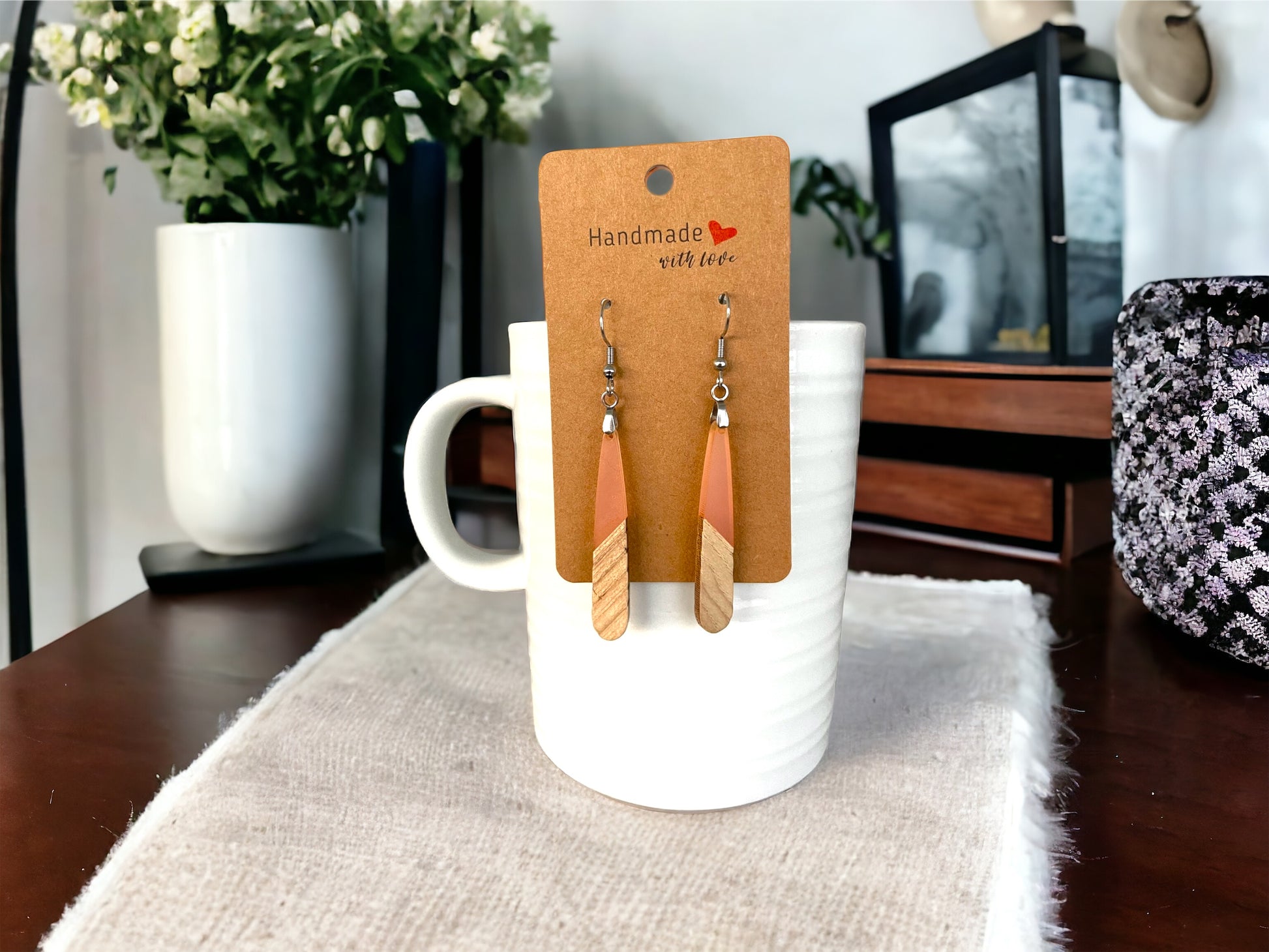 EARRINGS Natural Wood + Peachy Light Coral Resin [Long Narrow] Stainless steel Hypo-Allergenic Hooks [ Hanging Dangle Boho] Light weight Wood Gift - Wooden Hearts Inc