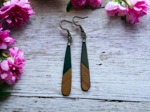 EARRINGS Natural Wood + Teal Green Resin [Long Narrow] Stainless steel Hypo-Allergenic Hooks [ Hanging Dangle Boho] Light weight Wood Gift - Wooden Hearts Inc