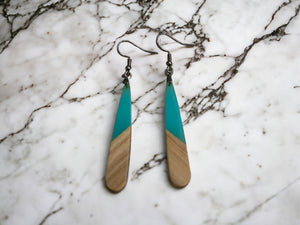 EARRINGS Natural Wood + Ocean Blue Resin [Long Narrow] Stainless steel Hypo-Allergenic Hooks [ Hanging Dangle Boho] Light weight Wood Gift - Wooden Hearts Inc