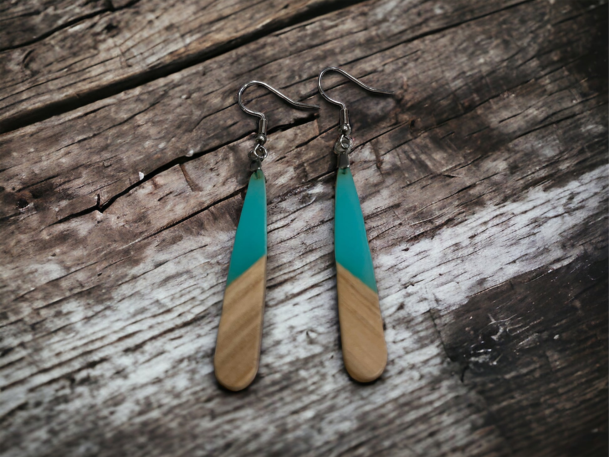 EARRINGS Natural Wood + Ocean Blue Resin [Long Narrow] Stainless steel Hypo-Allergenic Hooks [ Hanging Dangle Boho] Light weight Wood Gift - Wooden Hearts Inc