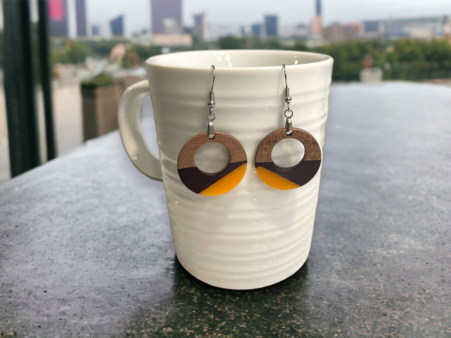 EARRINGS Natural Wood  [Coral & Black Resin, White, Grey] Stainless steel Hypo-Allergenic Hooks [ Hanging Dangle Boho] Light weight Wood - Wooden Hearts Inc