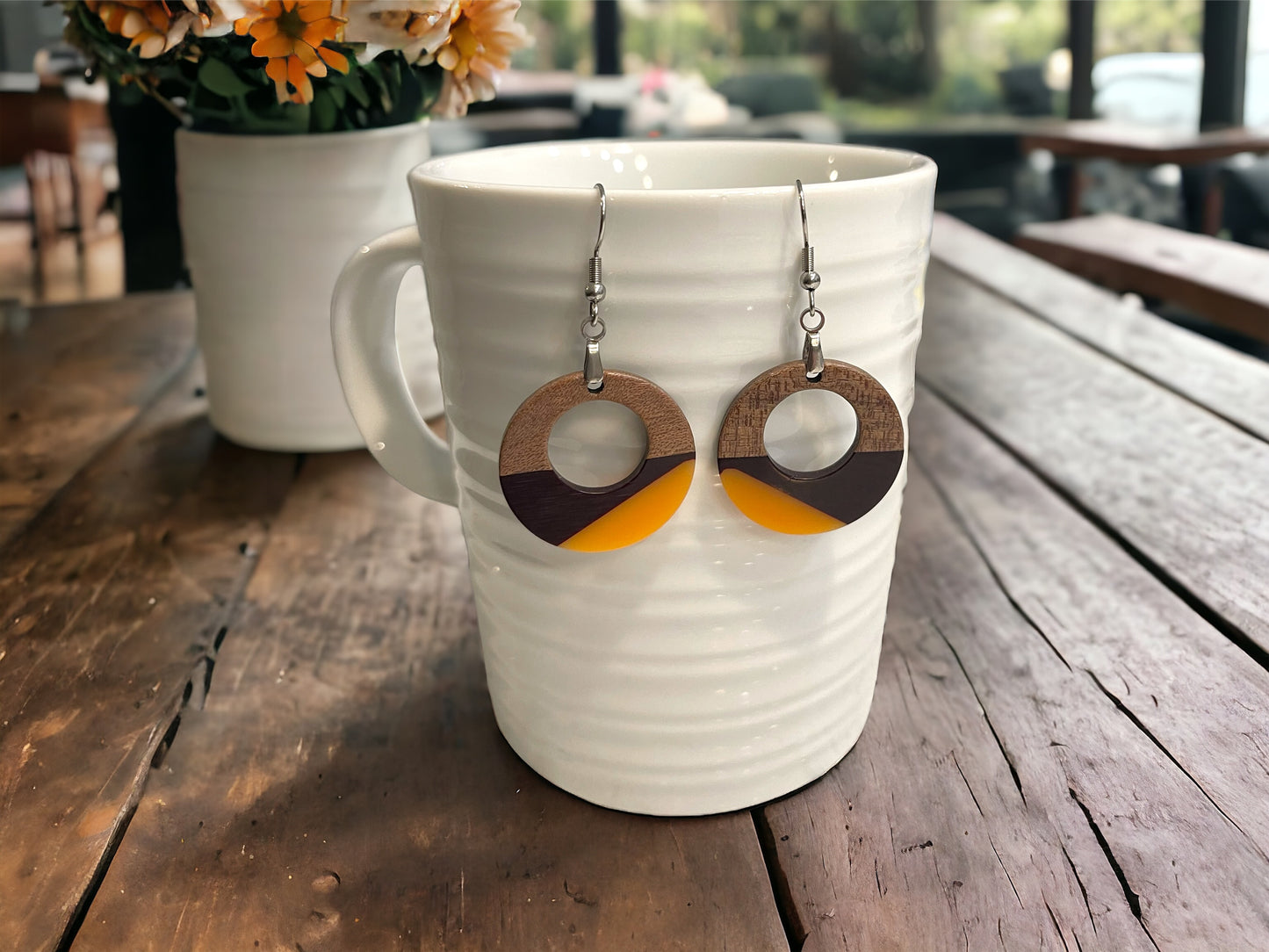 EARRINGS Natural Wood  [Coral & Black Resin, White, Grey] Stainless steel Hypo-Allergenic Hooks [ Hanging Dangle Boho] Light weight Wood - Wooden Hearts Inc