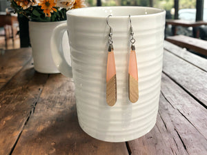 EARRINGS Natural Wood + Peachy Light Coral Resin [Long Narrow] Stainless steel Hypo-Allergenic Hooks [ Hanging Dangle Boho] Light weight Wood Gift - Wooden Hearts Inc