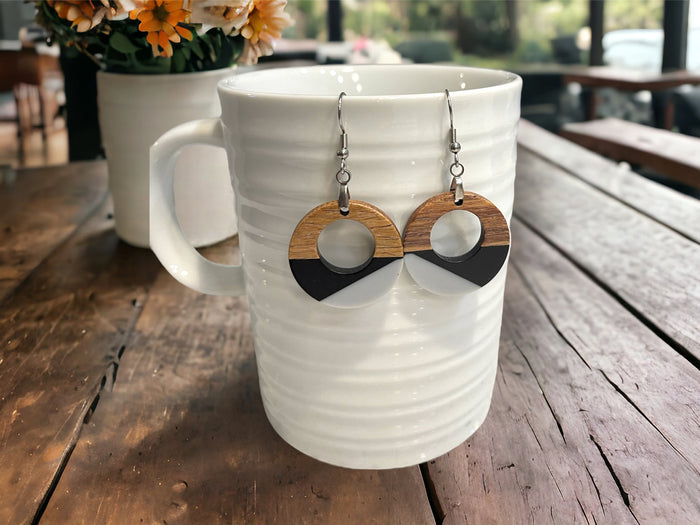 Copy of EARRINGS Natural Wood  [Grey& Black Resin, or White or Coral] Stainless steel Hypo-Allergenic Hooks [ Hanging Dangle Boho] Light weight Wood