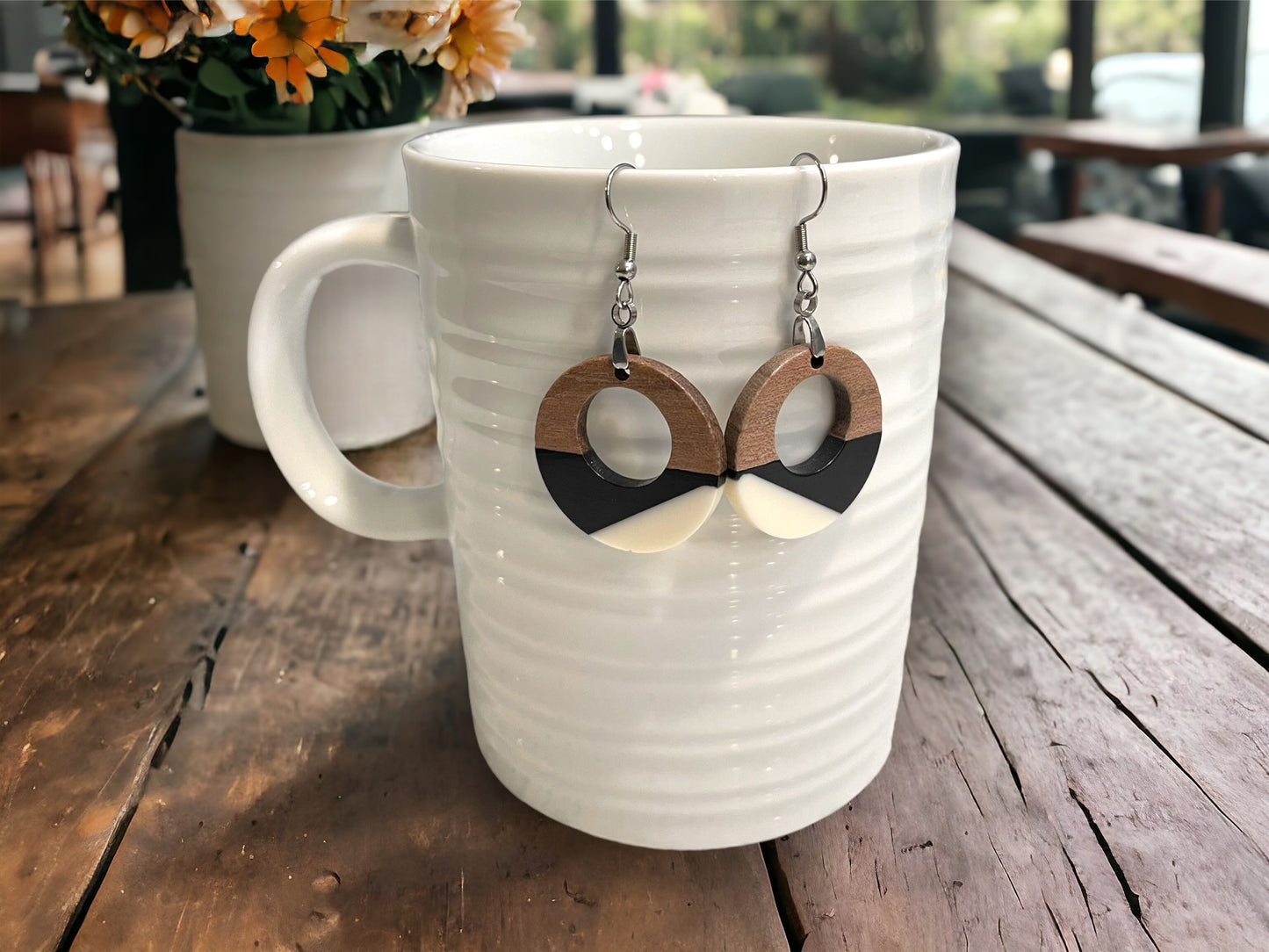 EARRINGS Natural Wood  [Coral & Black Resin, White, Grey] Stainless steel Hypo-Allergenic Hooks [ Hanging Dangle Boho] Light weight Wood - Wooden Hearts Inc