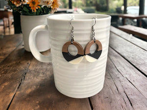 Copy of EARRINGS Natural Wood  [Grey& Black Resin, or White or Coral] Stainless steel Hypo-Allergenic Hooks [ Hanging Dangle Boho] Light weight Wood - Wooden Hearts Inc