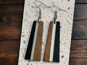 EARRINGS Natural Wood  [White + Black Resin] Stainless steel Hypo-Allergenic Hooks [ Hanging Dangle Boho] Light weight Wood Holiday Gift - Wooden Hearts Inc