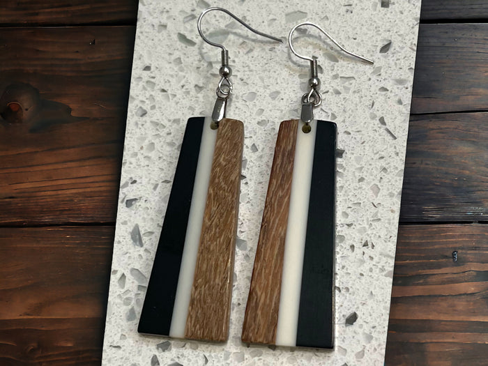 EARRINGS Natural Wood  [White + Black Resin] Stainless steel Hypo-Allergenic Hooks [ Hanging Dangle Boho] Light weight Wood Holiday Gift
