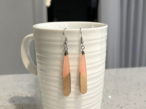 EARRINGS Natural Wood + Peachy Light Coral Resin [Long Narrow] Stainless steel Hypo-Allergenic Hooks [ Hanging Dangle Boho] Light weight Wood Gift - Wooden Hearts Inc