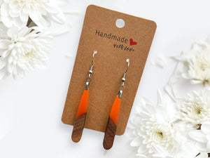 EARRINGS Natural Wood + Coral Orange Resin [Long Narrow] Stainless steel Hypo-Allergenic Hooks [ Hanging Dangle Boho] Light weight Wood Gift - Wooden Hearts Inc