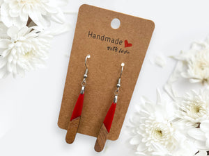 EARRINGS Natural Wood + Red Resin [Long Narrow] Stainless steel Hypo-Allergenic Hooks [ Hanging Dangle Boho] Light weight Wood Gift - Wooden Hearts Inc