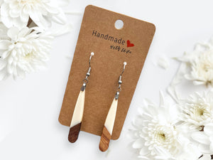 EARRINGS Natural Wood + White Resin [Long Narrow] Stainless steel Hypo-Allergenic Hooks [ Hanging Dangle Boho] Light weight Wood Gift - Wooden Hearts Inc