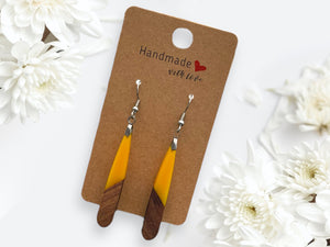 EARRINGS Natural Wood + Yellow Resin [Long Narrow] Stainless steel Hypo-Allergenic Hooks [ Hanging Dangle Boho] Light weight Wood Gift - Wooden Hearts Inc