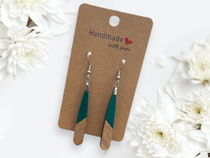EARRINGS Natural Wood + Teal Green Resin [Long Narrow] Stainless steel Hypo-Allergenic Hooks [ Hanging Dangle Boho] Light weight Wood Gift - Wooden Hearts Inc