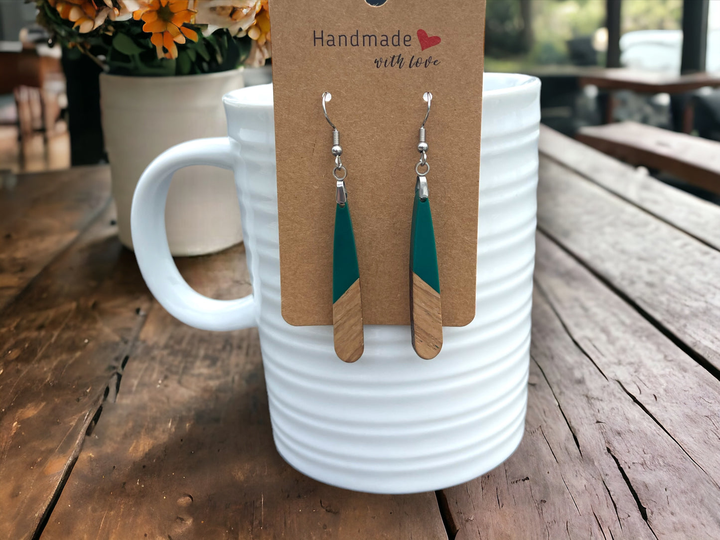 EARRINGS Natural Wood + Teal Green Resin [Long Narrow] Stainless steel Hypo-Allergenic Hooks [ Hanging Dangle Boho] Light weight Wood Gift - Wooden Hearts Inc