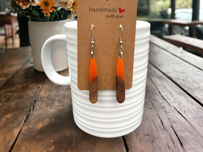 EARRINGS Natural Wood + Coral Orange Resin [Long Narrow] Stainless steel Hypo-Allergenic Hooks [ Hanging Dangle Boho] Light weight Wood Gift