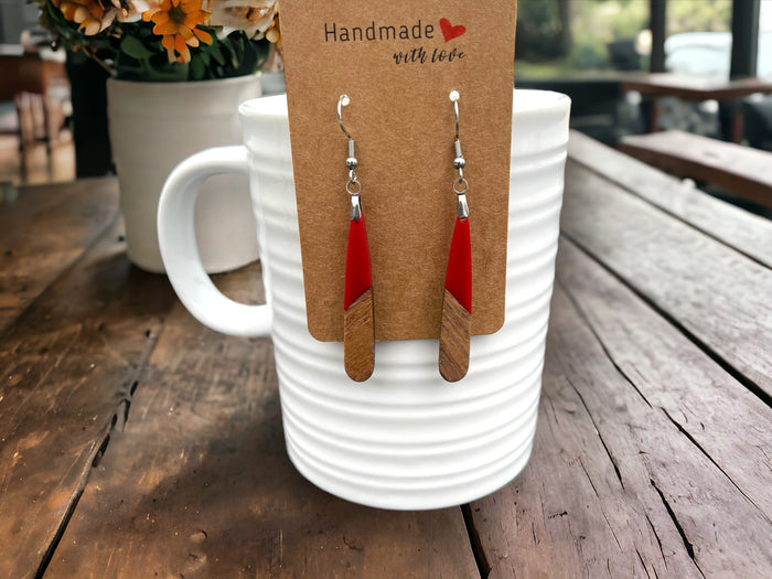 EARRINGS Natural Wood + Red Resin [Long Narrow] Stainless steel Hypo-Allergenic Hooks [ Hanging Dangle Boho] Light weight Wood Gift