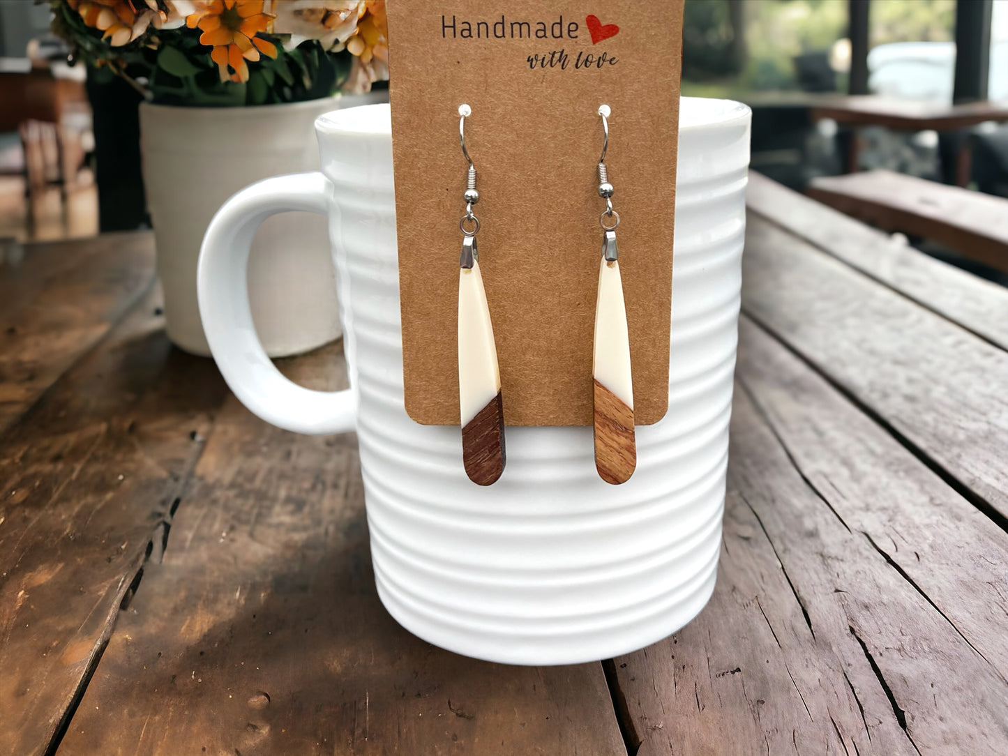 EARRINGS Natural Wood + White Resin [Long Narrow] Stainless steel Hypo-Allergenic Hooks [ Hanging Dangle Boho] Light weight Wood Gift - Wooden Hearts Inc