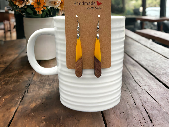 EARRINGS Natural Wood + Yellow Resin [Long Narrow] Stainless steel Hypo-Allergenic Hooks [ Hanging Dangle Boho] Light weight Wood Gift