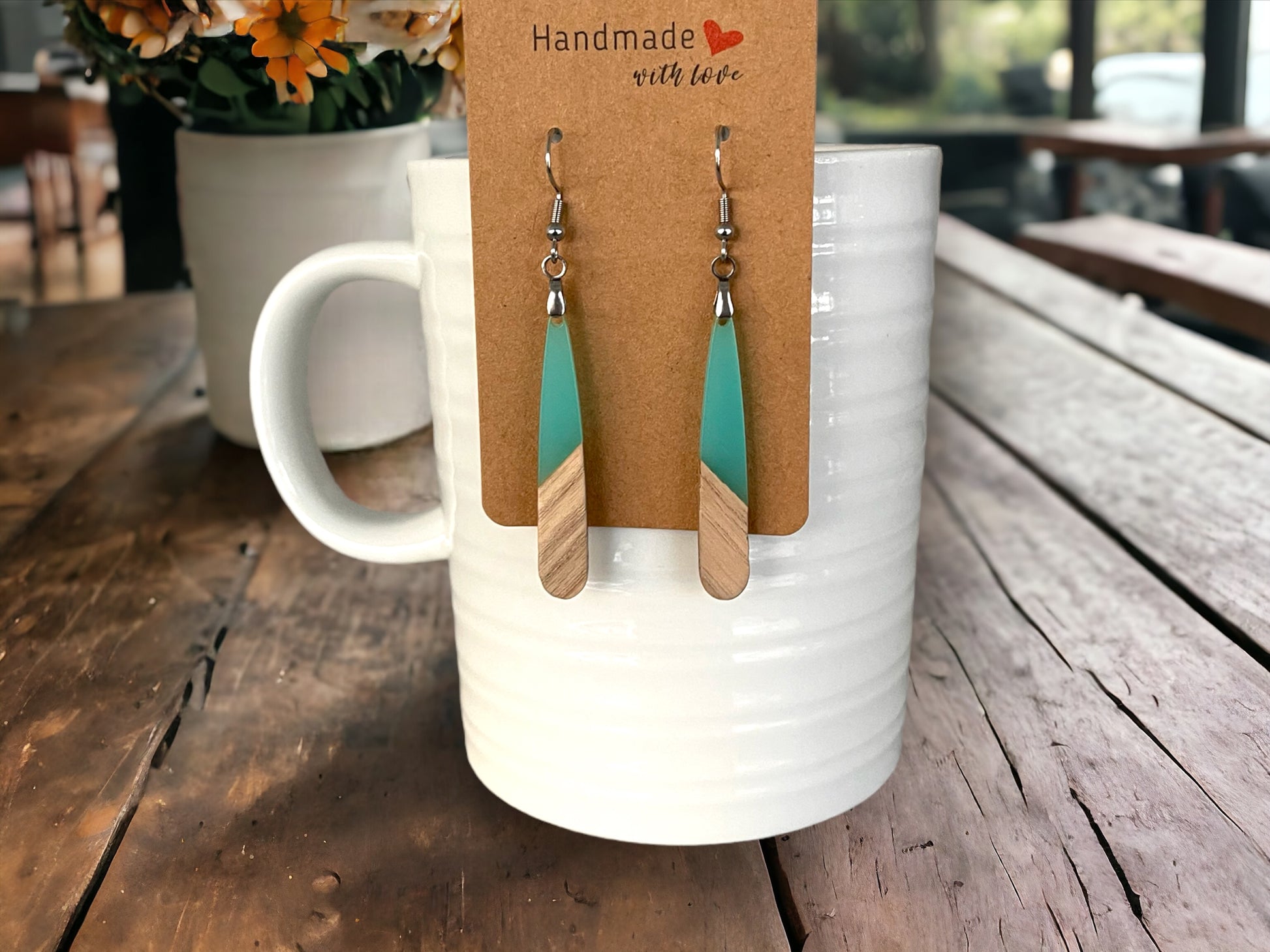 EARRINGS Natural Wood + Ocean Blue Resin [Long Narrow] Stainless steel Hypo-Allergenic Hooks [ Hanging Dangle Boho] Light weight Wood Gift - Wooden Hearts Inc