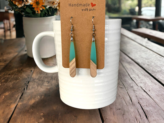 EARRINGS Natural Wood + Ocean Blue Resin [Long Narrow] Stainless steel Hypo-Allergenic Hooks [ Hanging Dangle Boho] Light weight Wood Gift - Wooden Hearts Inc