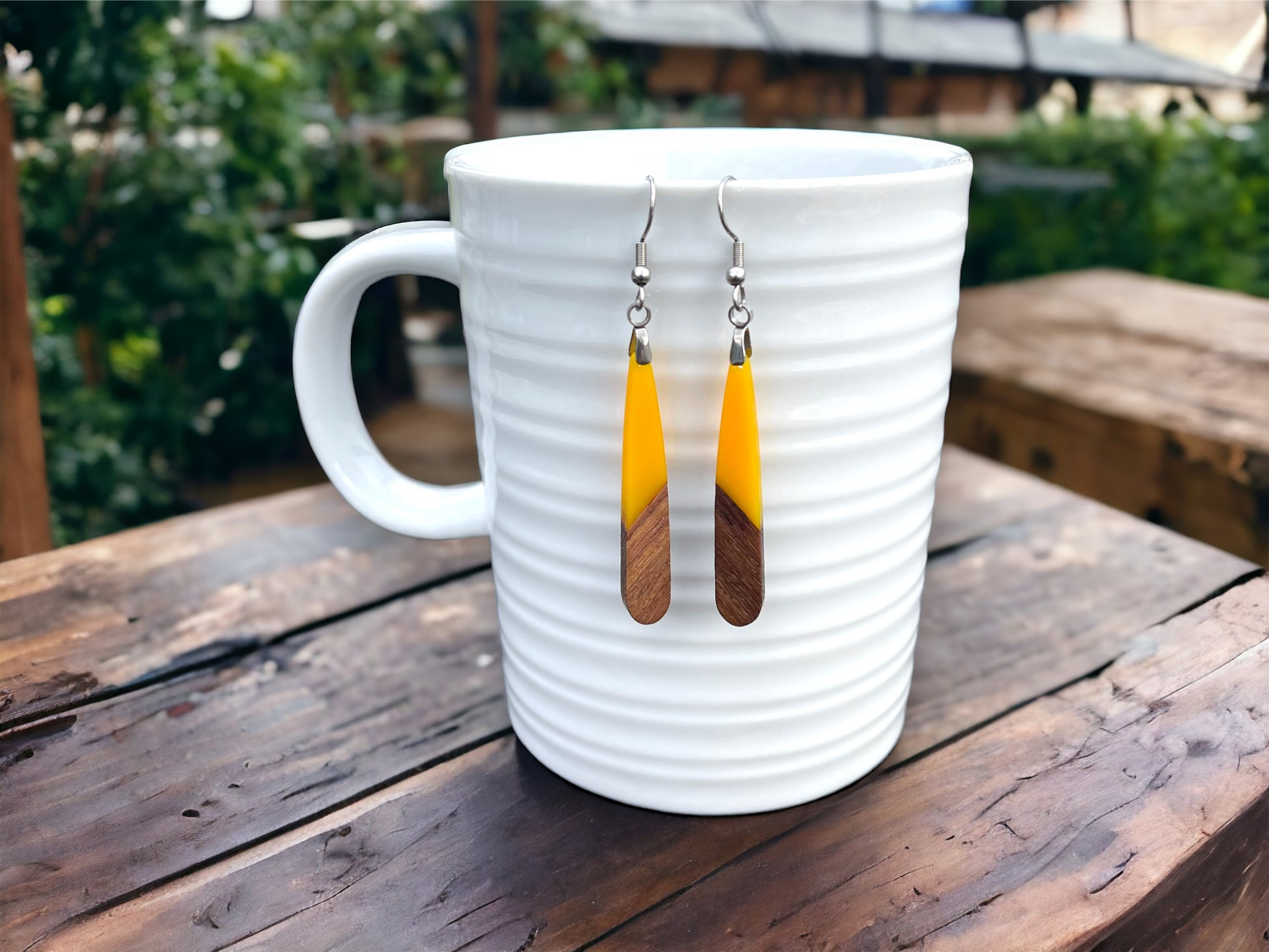 EARRINGS Natural Wood + Yellow Resin [Long Narrow] Stainless steel Hypo-Allergenic Hooks [ Hanging Dangle Boho] Light weight Wood Gift - Wooden Hearts Inc
