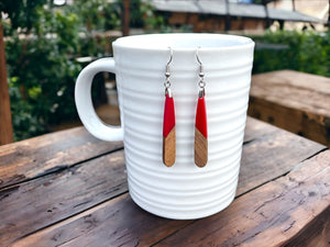 EARRINGS Natural Wood + Red Resin [Long Narrow] Stainless steel Hypo-Allergenic Hooks [ Hanging Dangle Boho] Light weight Wood Gift - Wooden Hearts Inc