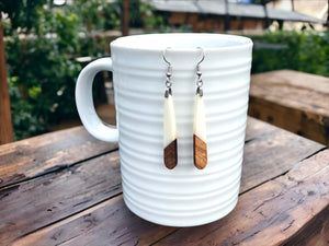 EARRINGS Natural Wood + White Resin [Long Narrow] Stainless steel Hypo-Allergenic Hooks [ Hanging Dangle Boho] Light weight Wood Gift - Wooden Hearts Inc