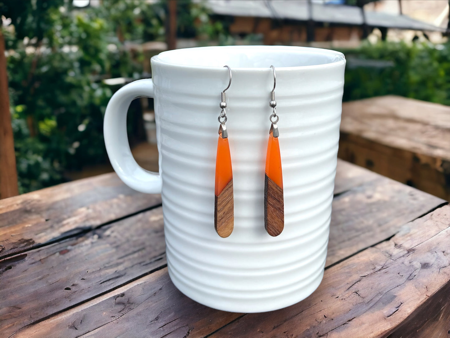 EARRINGS Natural Wood + Coral Orange Resin [Long Narrow] Stainless steel Hypo-Allergenic Hooks [ Hanging Dangle Boho] Light weight Wood Gift - Wooden Hearts Inc