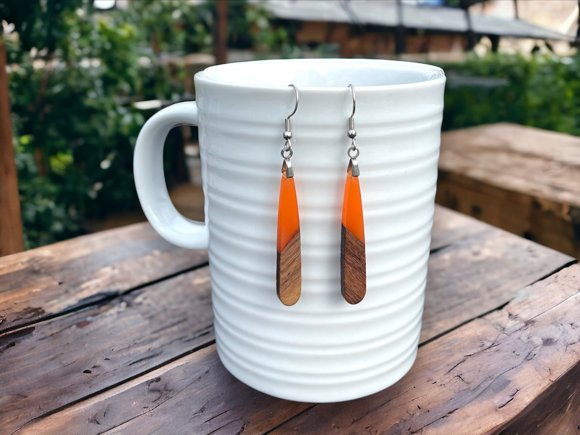 EARRINGS Natural Wood + Coral Orange Resin [Long Narrow] Stainless steel Hypo-Allergenic Hooks [ Hanging Dangle Boho] Light weight Wood Gift - Wooden Hearts Inc