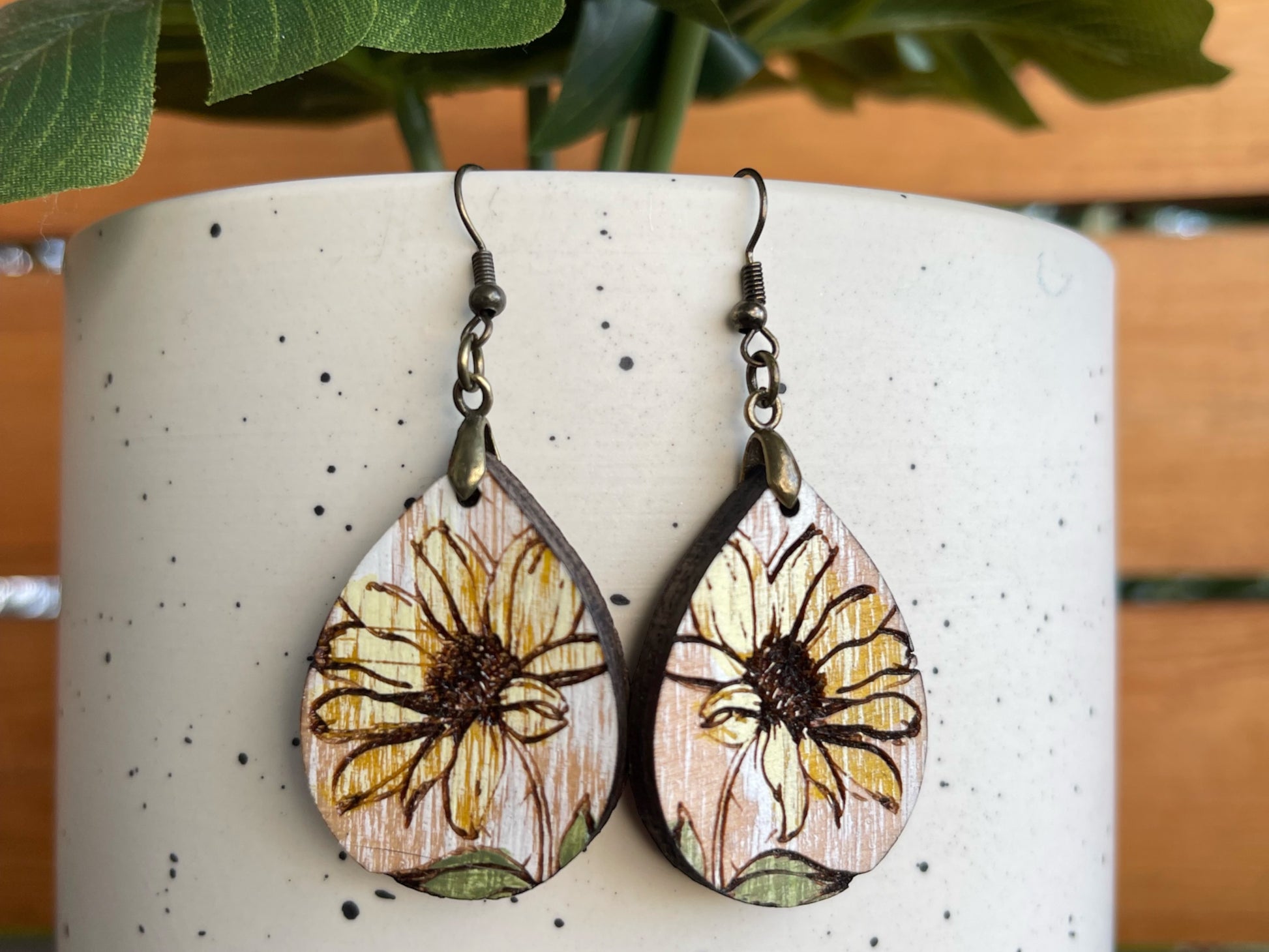 EARRINGS Natural Wood Daisy[Boho Hippie Elegant Trendy]Stainless steel/Antique Bronze Hypo-Allergenic Hooks[Dangle Light weight]Gift for her - Wooden Hearts Inc