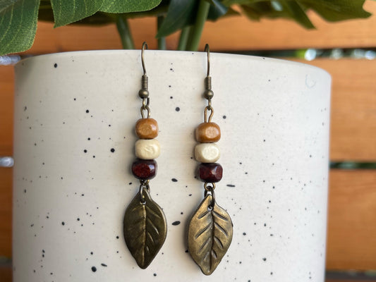 EARRINGS Metal Leaf & Wood Beads[Boho Hippie Trendy]Stainless steel/Antique Bronze Hypo-Allergenic Hooks[Dangle Light weight]Gift for her - Wooden Hearts Inc