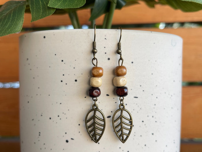 EARRINGS Metal Leaf & Wood Beads[Boho Hippie Trendy]Stainless steel/Antique Bronze Hypo-Allergenic Hooks[Dangle Light weight]Gift for her