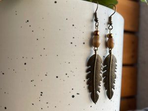 EARRINGS Metal Feather/Leaf Wood Beads[Boho Hippie Trendy]Stainless steel/Antique Bronze Hypo-Allergenic Hooks[Dangle Light weight]Gift - Wooden Hearts Inc