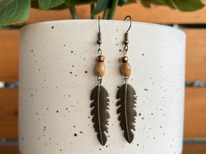 EARRINGS Metal Feather/Leaf Wood Beads[Boho Hippie Trendy]Stainless steel/Antique Bronze Hypo-Allergenic Hooks[Dangle Light weight]Gift - Wooden Hearts Inc