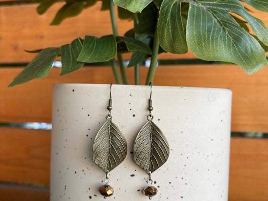 EARRINGS Metal Leaf Beads[Boho Hippie Trendy]Stainless steel/Antique Bronze Hypo-Allergenic Hooks[Dangle Light weight]Gift for Her - Wooden Hearts Inc