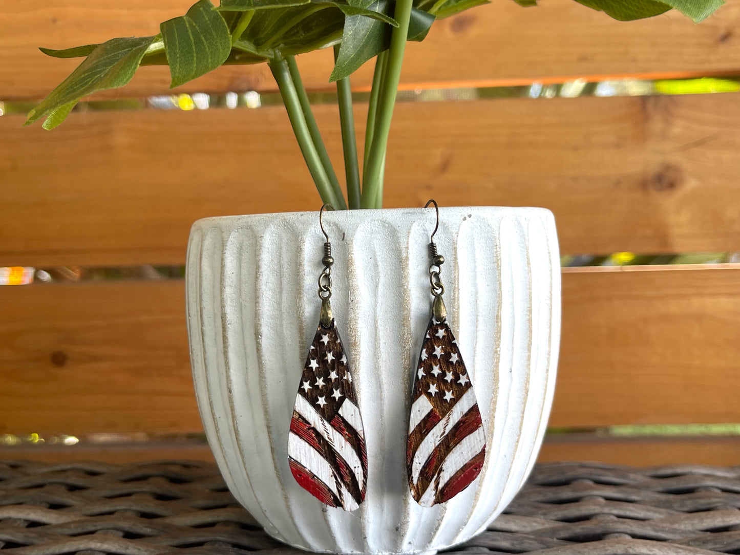 EARRINGS Natural Wood Flag [Boho Hippie Elegant Trendy]Stainless steel/Antique Bronze Hypo-Allergenic Hooks[Dangle Light weight]Gift for her - Wooden Hearts Inc
