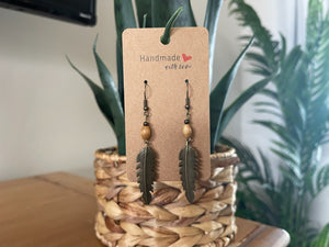 EARRINGS Metal Feather/Leaf Wood Beads[Boho Hippie Trendy]Stainless steel/Antique Bronze Hypo-Allergenic Hooks[Dangle Light weight]Gift - Wooden Hearts Inc
