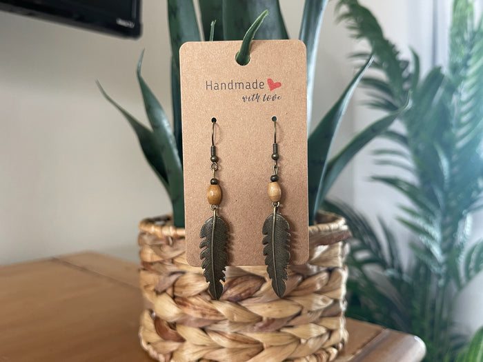 EARRINGS Metal Feather/Leaf Wood Beads[Boho Hippie Trendy]Stainless steel/Antique Bronze Hypo-Allergenic Hooks[Dangle Light weight]Gift