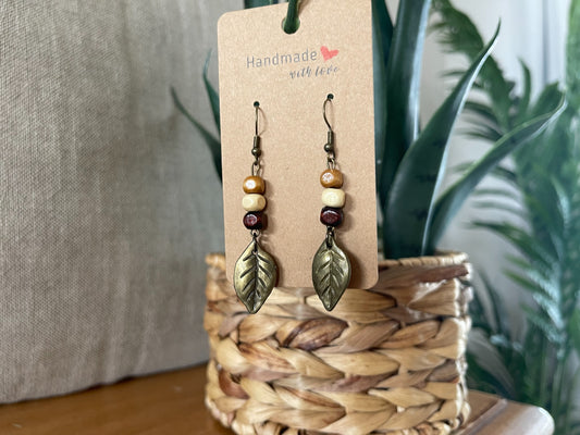 EARRINGS Metal Leaf & Wood Beads[Boho Hippie Trendy]Stainless steel/Antique Bronze Hypo-Allergenic Hooks[Dangle Light weight]Gift for her - Wooden Hearts Inc