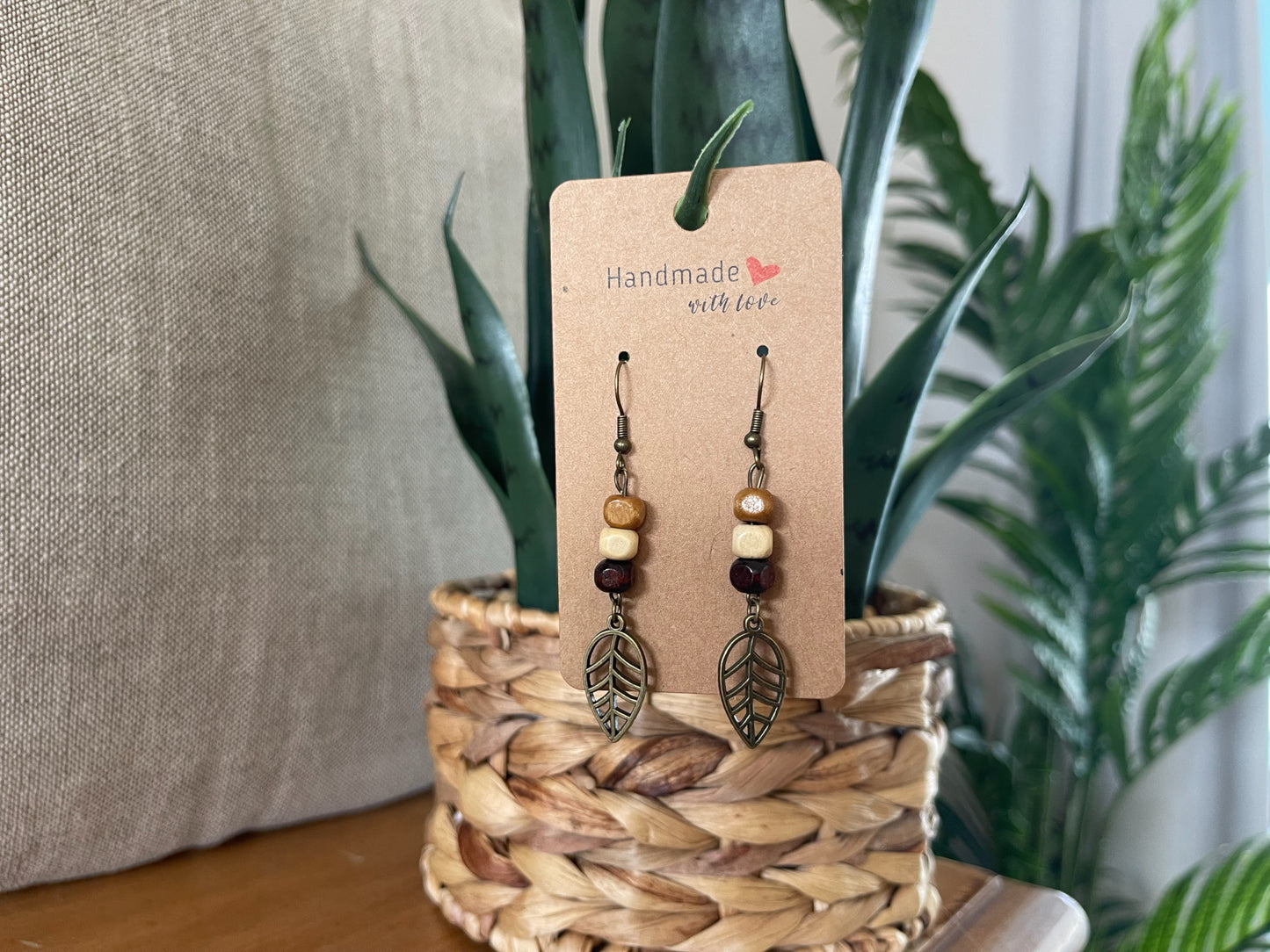 EARRINGS Metal Leaf & Wood Beads[Boho Hippie Trendy]Stainless steel/Antique Bronze Hypo-Allergenic Hooks[Dangle Light weight]Gift for her - Wooden Hearts Inc