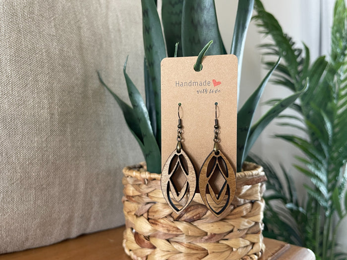 EARRINGS Natural Wood [Boho Hippie Elegant Trendy] Stainless steel/Antique Bronze Hypo-Allergenic Hooks [ Dangle Light weight] Holiday Gift