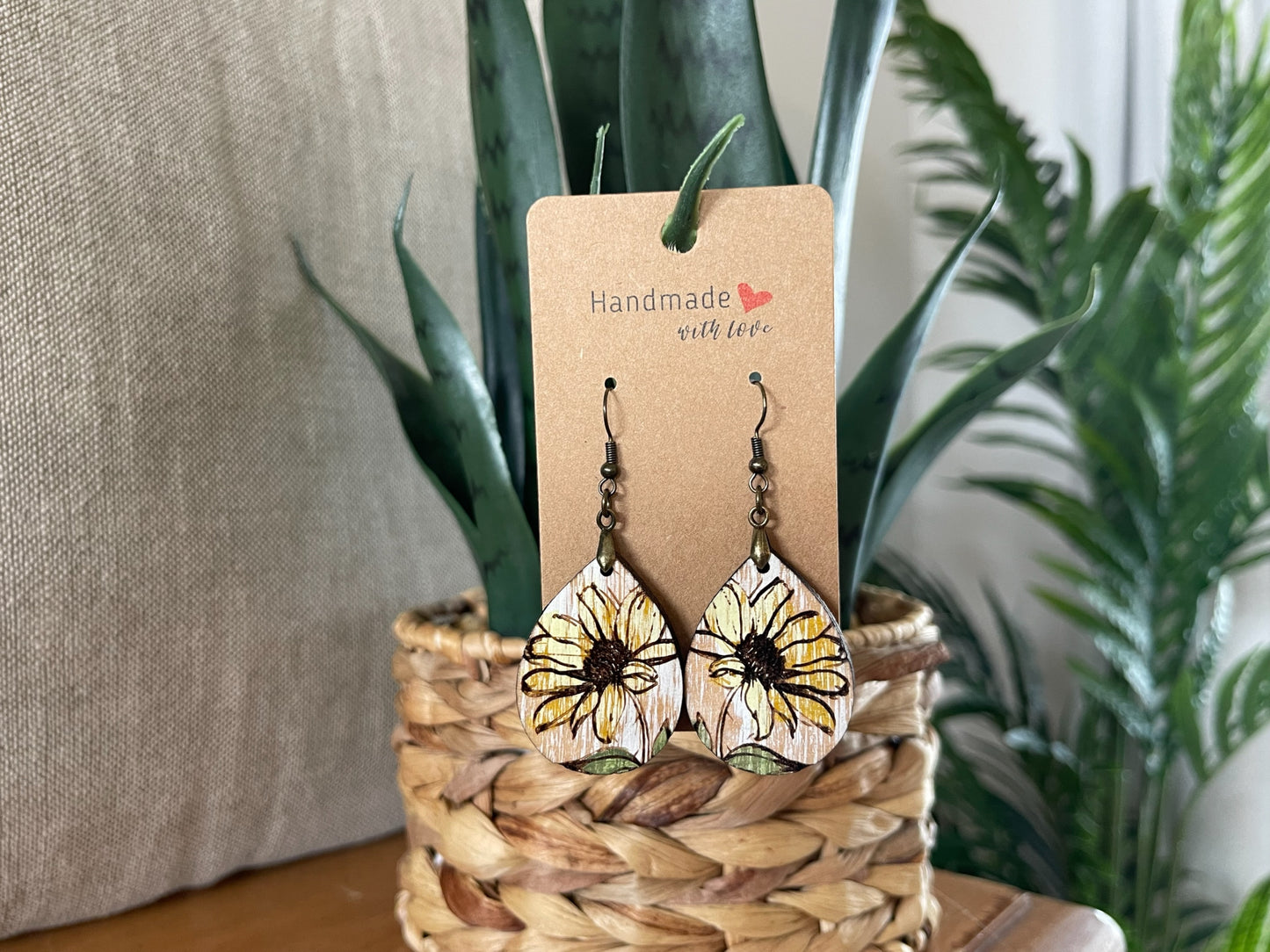 EARRINGS Natural Wood Daisy[Boho Hippie Elegant Trendy]Stainless steel/Antique Bronze Hypo-Allergenic Hooks[Dangle Light weight]Gift for her - Wooden Hearts Inc